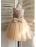 Matte Sequin Champagne Tulle Knee Length Flower Girl Dress